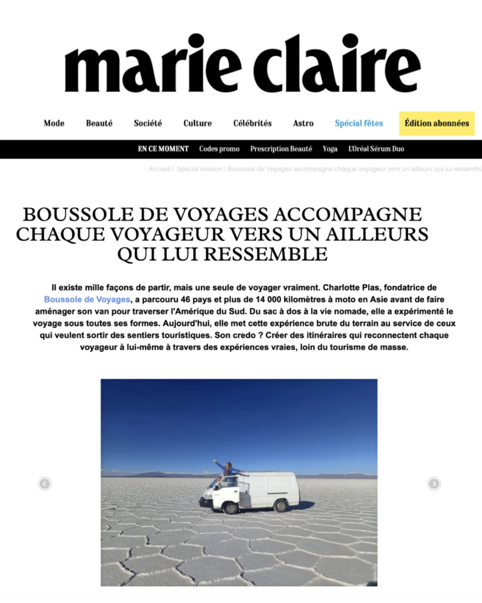 Article Marie Claire sur Boussole de Voyages