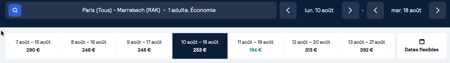 Exemple réel : Paris → Marrakech en août